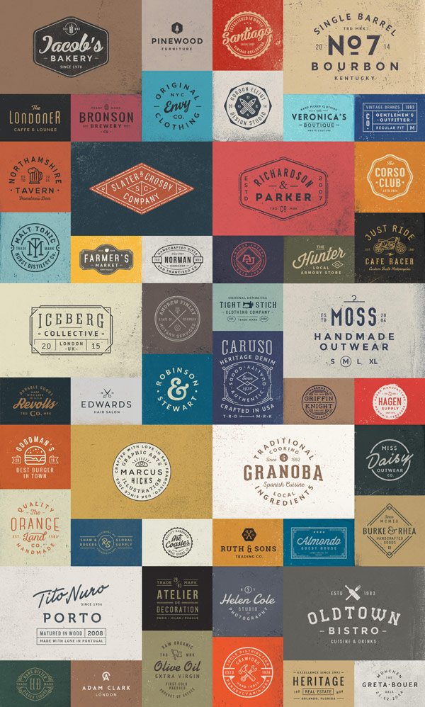 The 50 Logo Templates Bundle from GraphicBurger includes stylish vintage inspired graphics, logos, and marks.