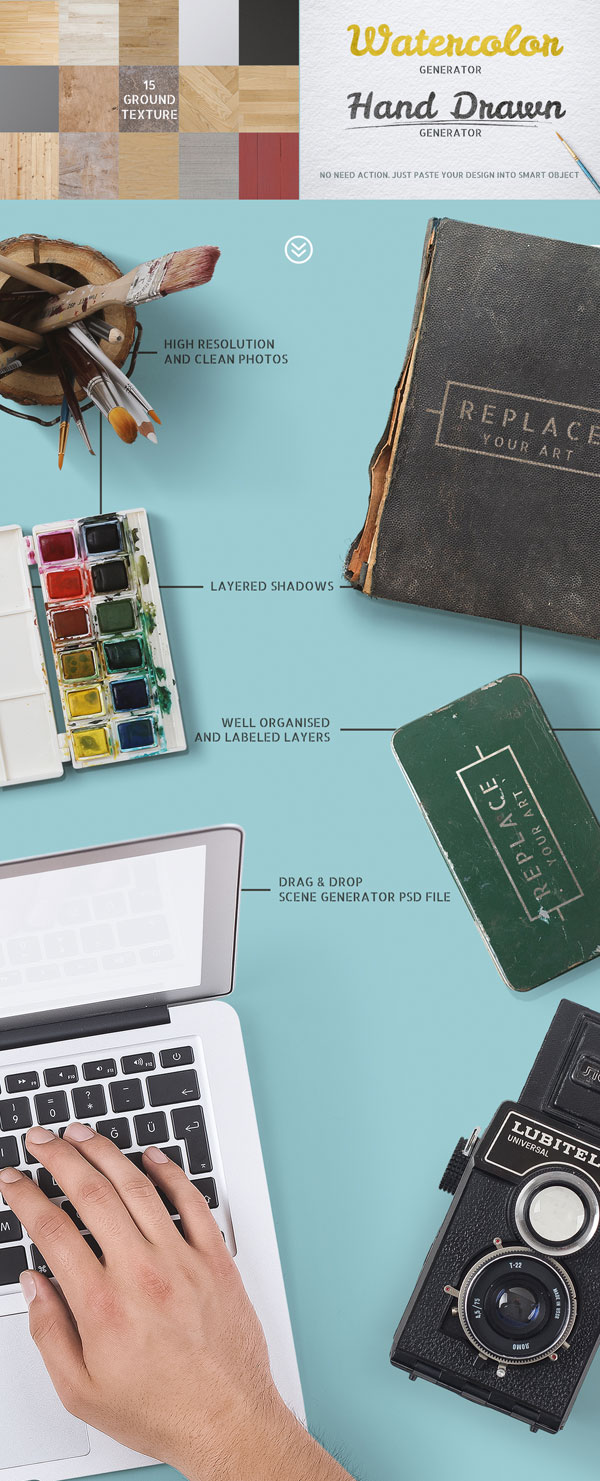 15 ground textures as well as watercolor and hand drawn generator, just paste your design into the smart objects.