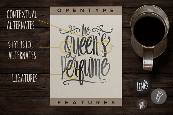 The handmade script font is equipped with several OpenType features such as Contextual Alternates, Stylistic Alternates, and Ligatures.
