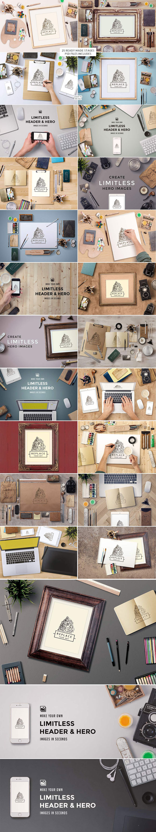 25 ready made stages as PSD files as well as countless art tools, objects, items, and frames.