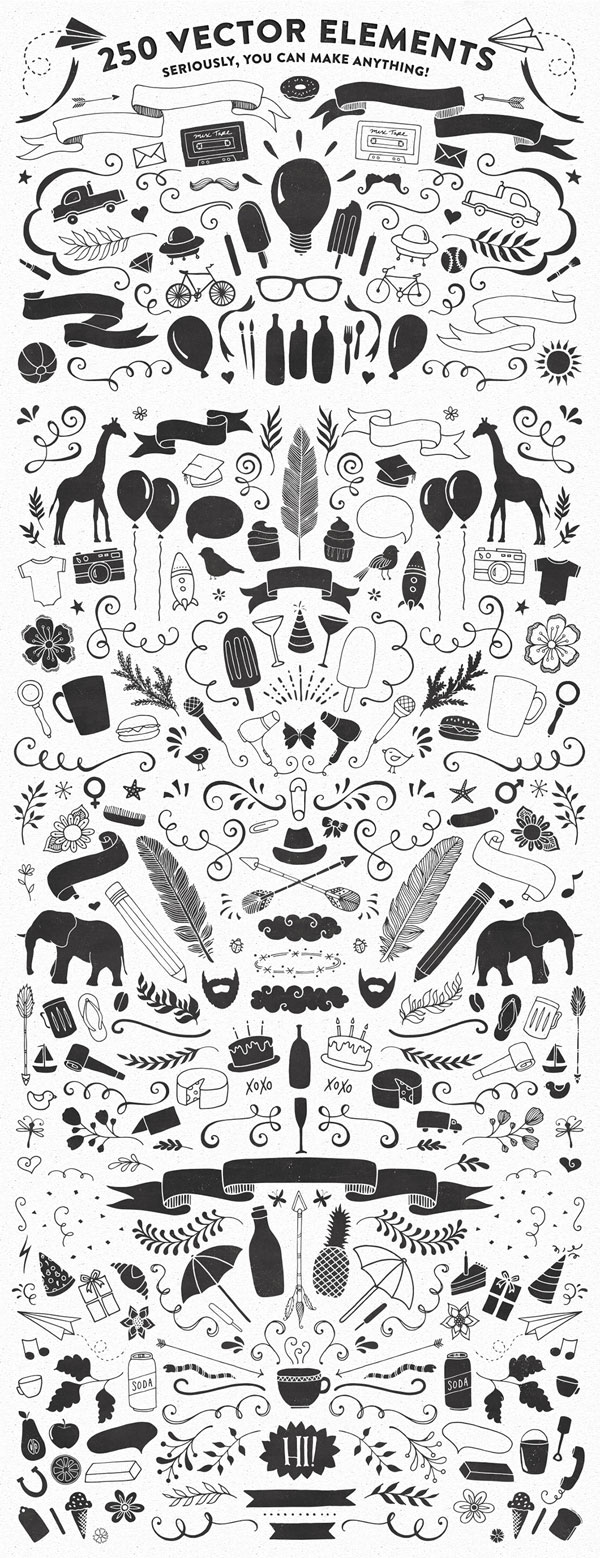 Lettersmith, a letterpress design kit that includes a hand drawn font and 250 vector elements, cotton paper textures, and Adobe Photoshop styles.