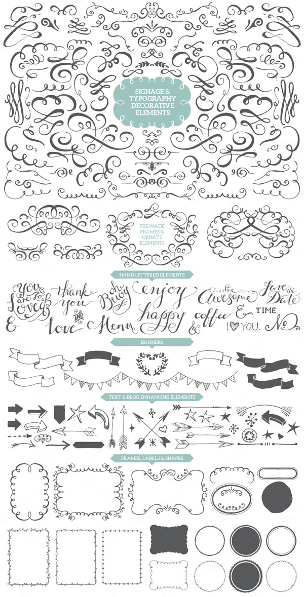 Signage and typography elements, hand letterings, banners, text and blog enhancing elements as well as frames, labels, and shapes.