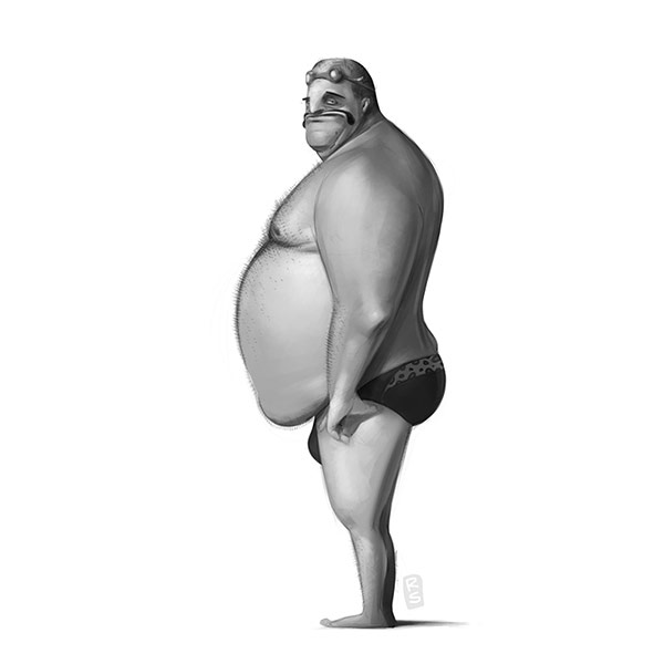 Fat and bald man on the beach. Summer character illustrations by Ruslan Suleimanov.