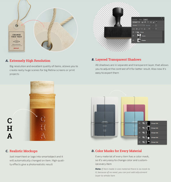 Some of the amazing features: extremely high resolution, layered transparent shadows, photo realistic mockups, and color masks for every material.