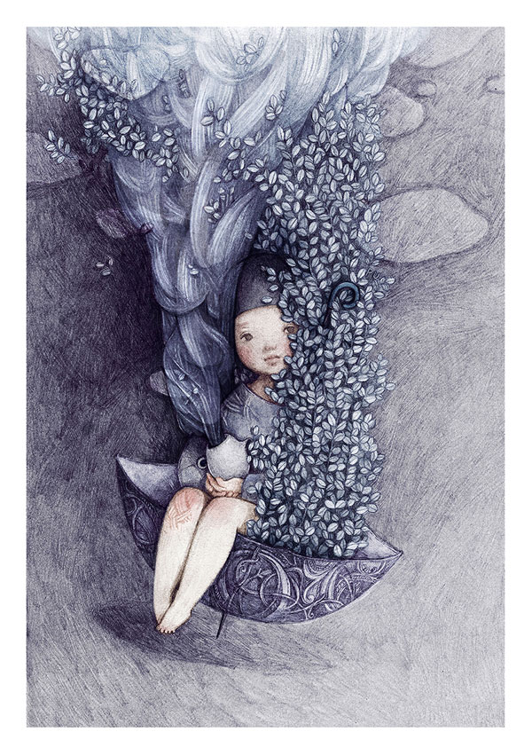 Rain - artwork with a playful and dreamlike touch for a book cover.