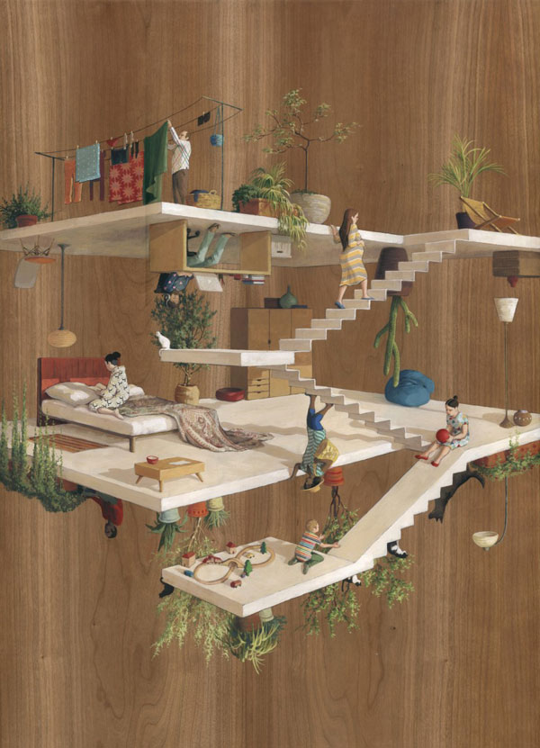 Terraces, a surreal artwork painted on wood panel.
