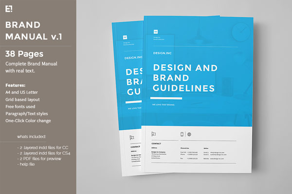 A brand manual template of 38 pages in A4 and US Letter.