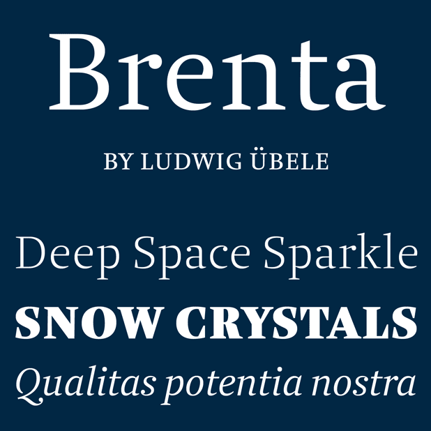 The Brenta font family by Ludwig Übele is a crisp serif typeface with open counters and well balanced proportions.