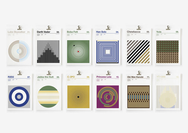 A poster series by Nick Barclay of three color Star Wars characters.