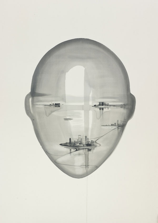 Satellite City - Surreal portraiture created by artist Wanda Koop with ink and acrylic on canvas.