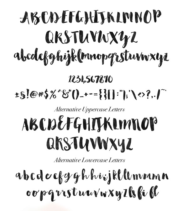 The basic letters of this hand painted typeface as well as alternative uppercase letters and alternative lowercase letters.