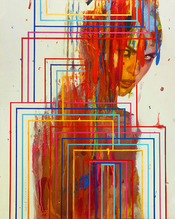 This colorful artwork has been created with pencils and acrylic paint.