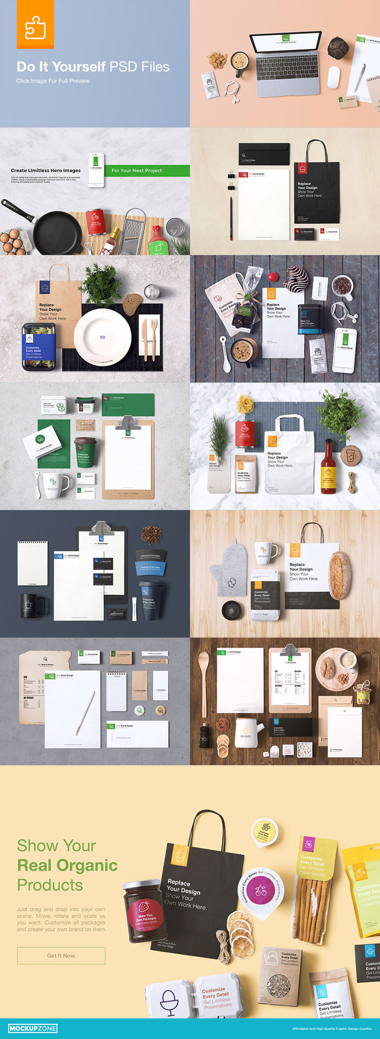 A comprehensive coffee branding and packages mock-up from Mockup Zone.