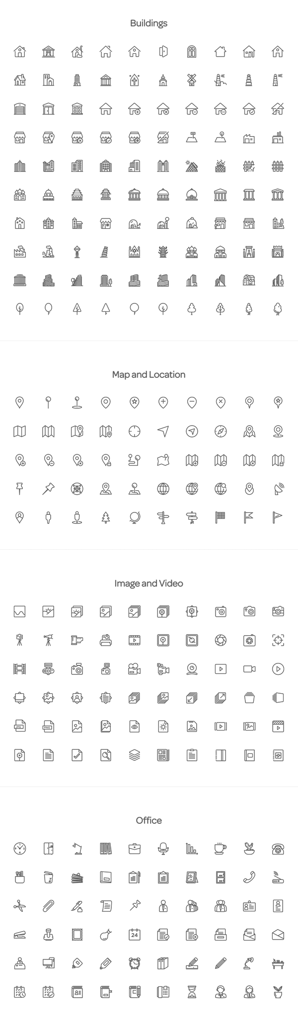 Buildings; Map and Location; Image and Video; Office – the full pack includes 2000 line icons with PSD, AI, EPS, SVG, and PNG files. Buildings; Map and Location; Image and Video; Office – the full pack includes 2000 line icons with PSD, AI, EPS, SVG, and PNG files.