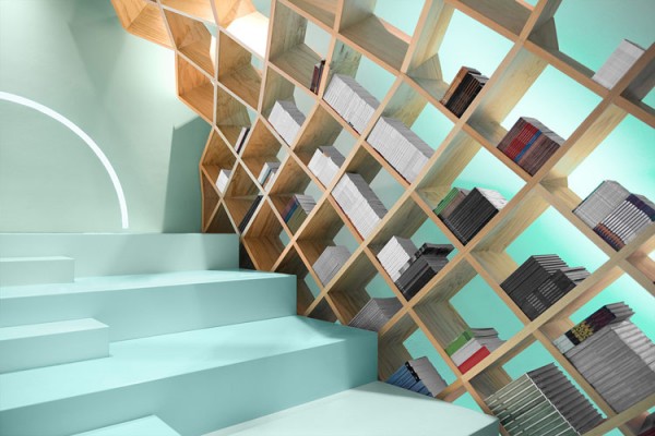 Side view of the wooden shelf structure.