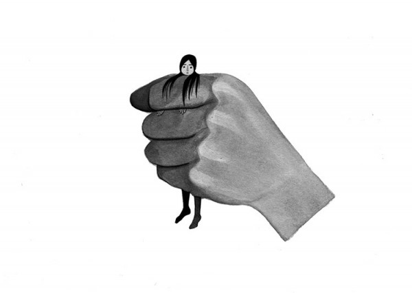 The little girl is held securely and firmly by the big hand.