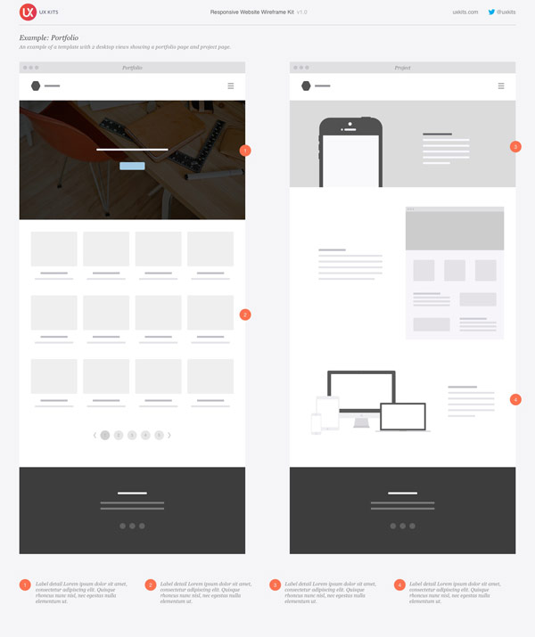 An example of a template with two desktop views showing a portfolio and project page.