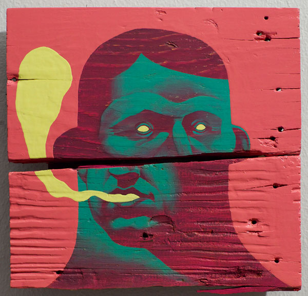 Split Reality – acrylic and enamel on found wood.