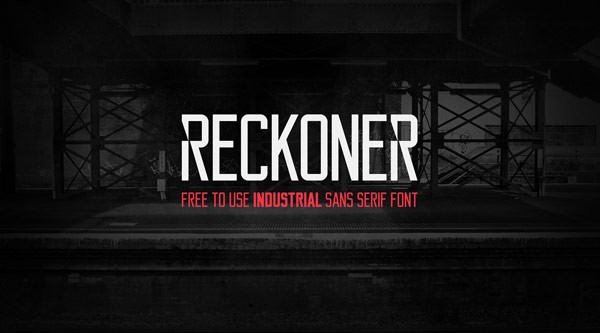 The Reckoner typeface, a free to use industrial sans serif font in two weights created by Alex Dale.