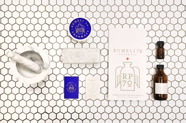 Some of the branding materials photographed from above.