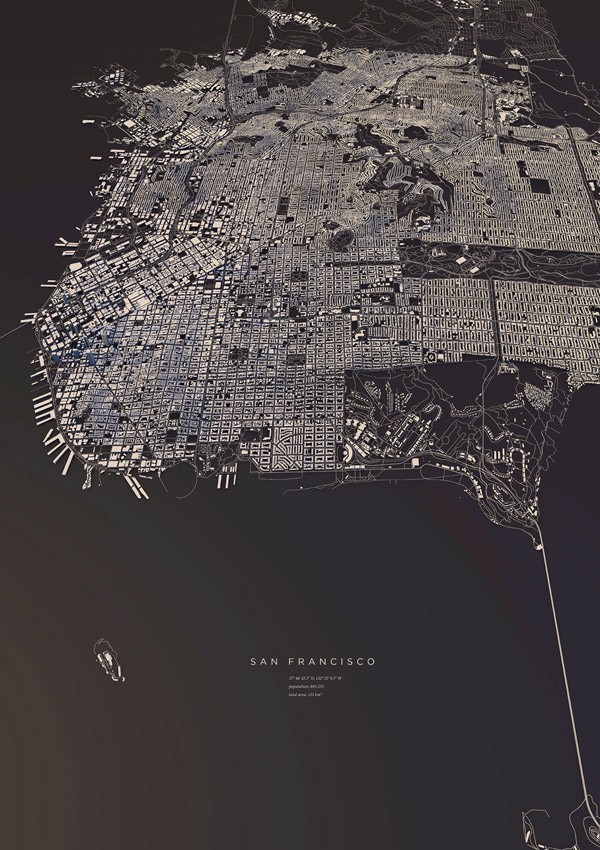 San Francisco, a map based on the exact three-dimensionality of topography and buildings.