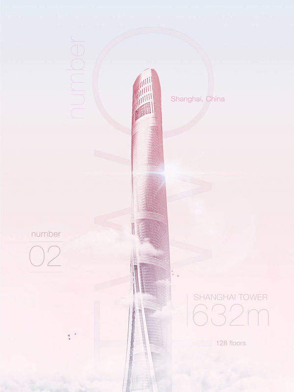 Shanghai Tower, 632m, 128 floors