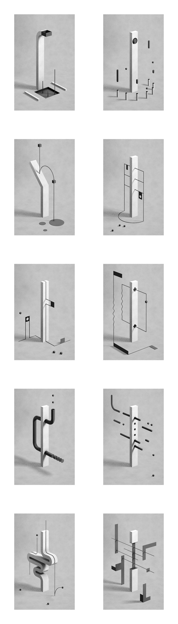 Monolith illustrations inspired by architecture and kids playgrounds.