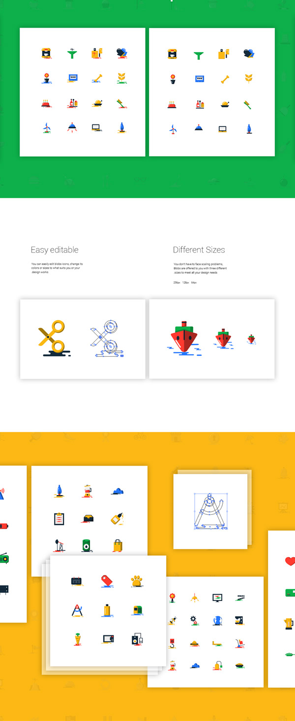 You can easily edit any icon, change its colors or sizes. The icons are also included in three predefined sizes.