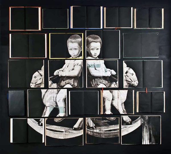 Exercisi Di Memoria - artwork by Ekaterina Panikanova created with ink, watercolor, and graphite on aged books which were mounted on birch.