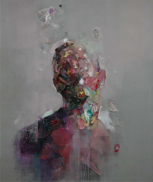 Work with oil and spray on canvas by artist Ryan Hewett.