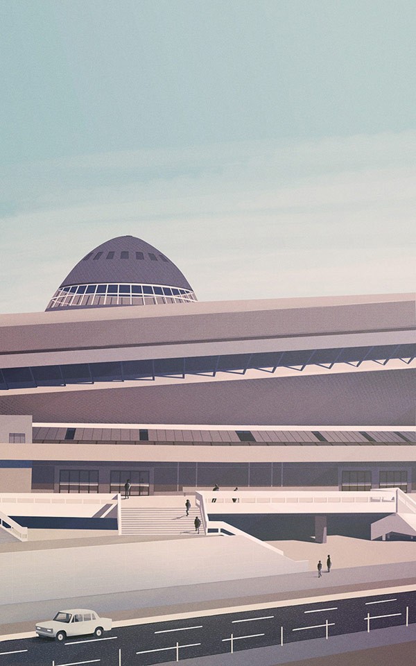 Illustrative work of Spodek, a concert hall in Katowice.