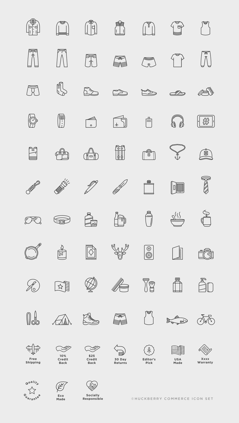 The Huckberry commerce icon set. The Huckberry commerce icon set.