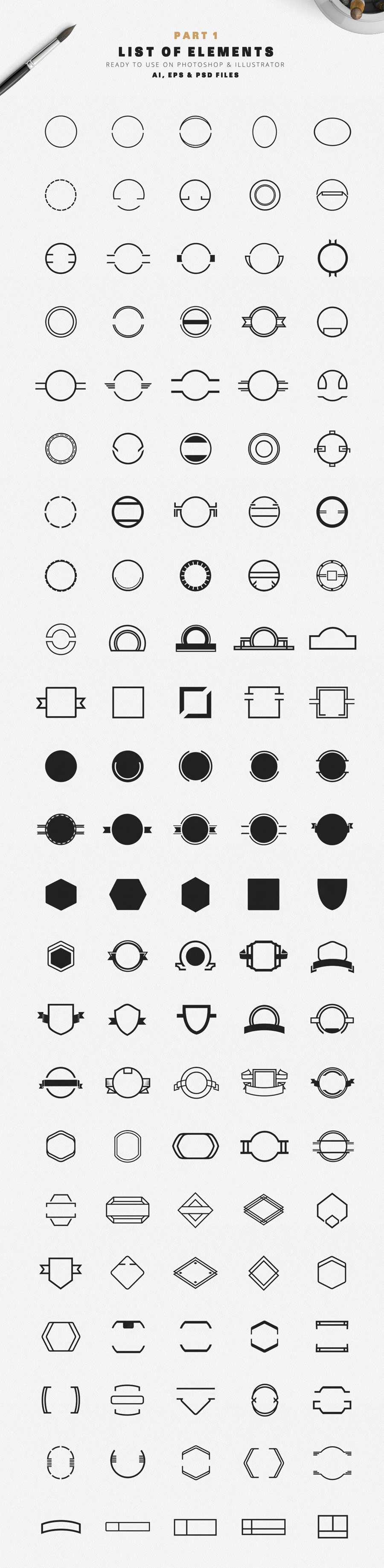 260 circles and unique badges as AI, EPS, and PSD files.