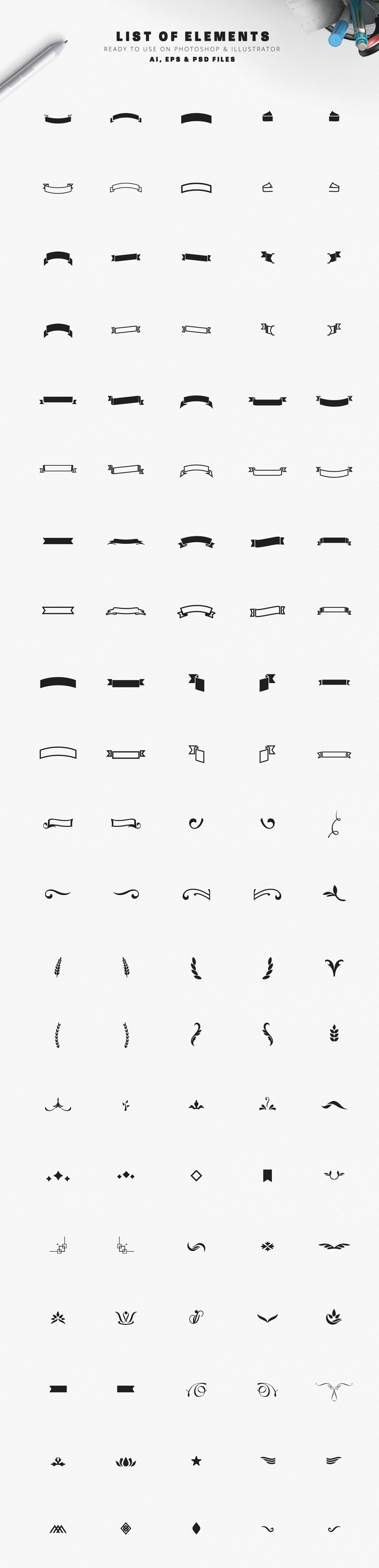 105 decorative elements let you create amazing combinations in Illustrator or Photoshop.