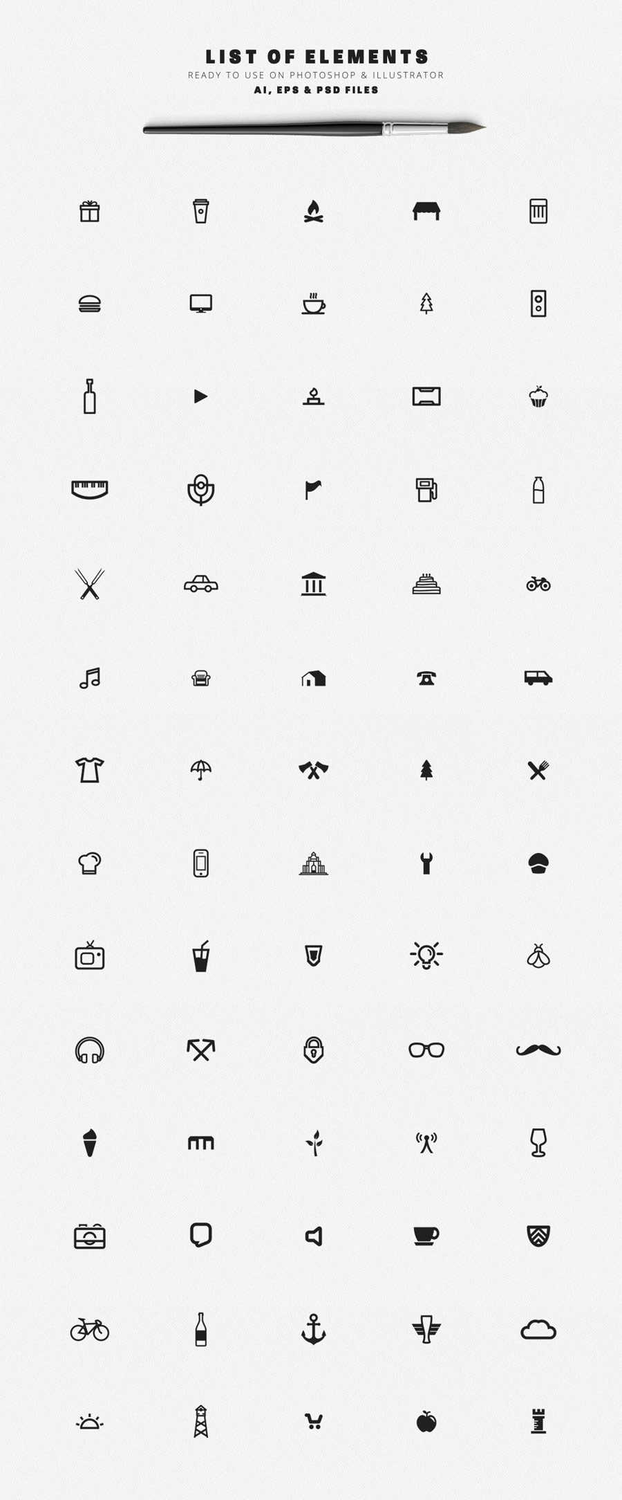 70 elements of diverse shapes and icons as Adobe Illusttrator, Photoshop, and EPS vector files.