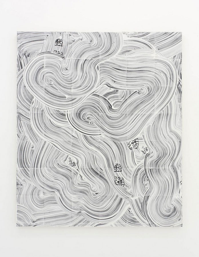 Lost in Space I, painting from 2015 using fiberglass reinforced plaster on linoleum mounted on panel.