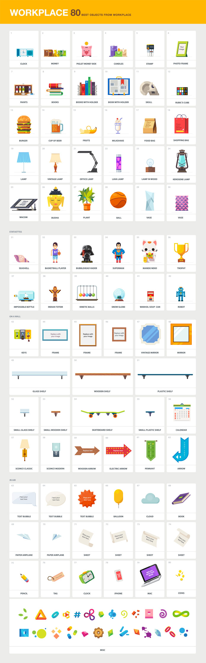 The huge workplace set is equipped with 80 well designed objects and items.