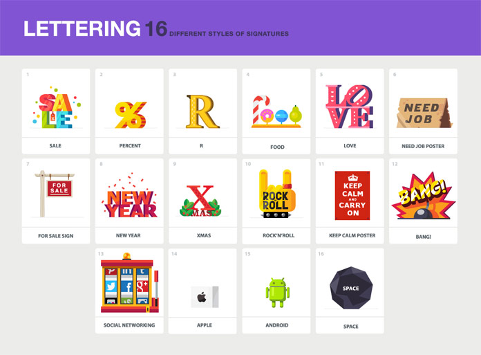 The lettering set comes with 16 different styles of signatures.