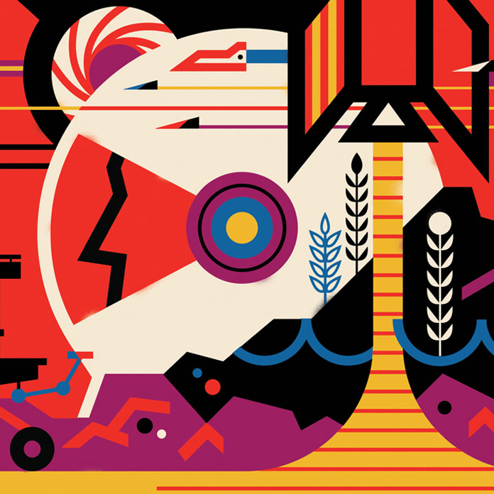 Detail view of the colorful poster illustration that invites you to discover the Mars.