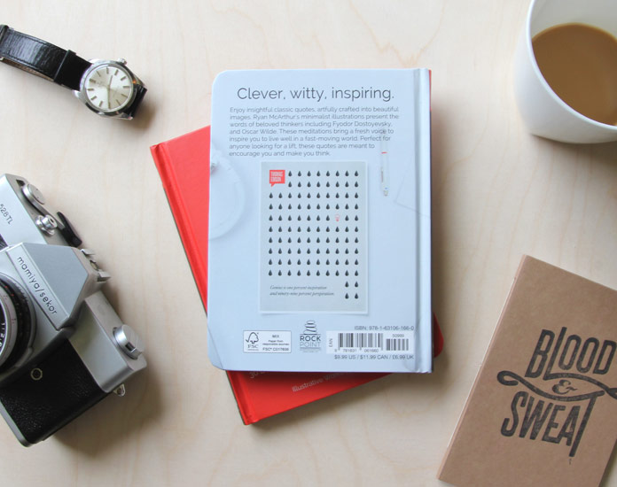 The modern, minimalist illustrations present numerous quotes of well known writers and thinkers such as Fyodor Dostoyevsky, Oscar Wilde, Samuel Johnson, and many more.