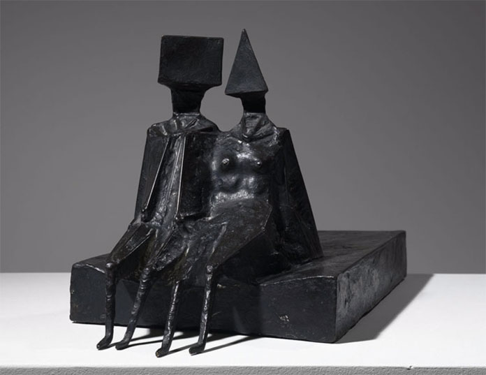 Lynn Chadwick's Sitting Couple on Base II, a bronze sculpture from 1972.