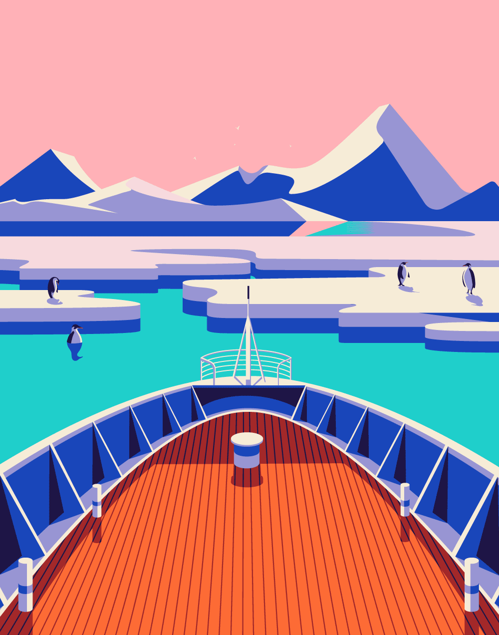 This illustration encourages you to go on a cruise to the South Pole.