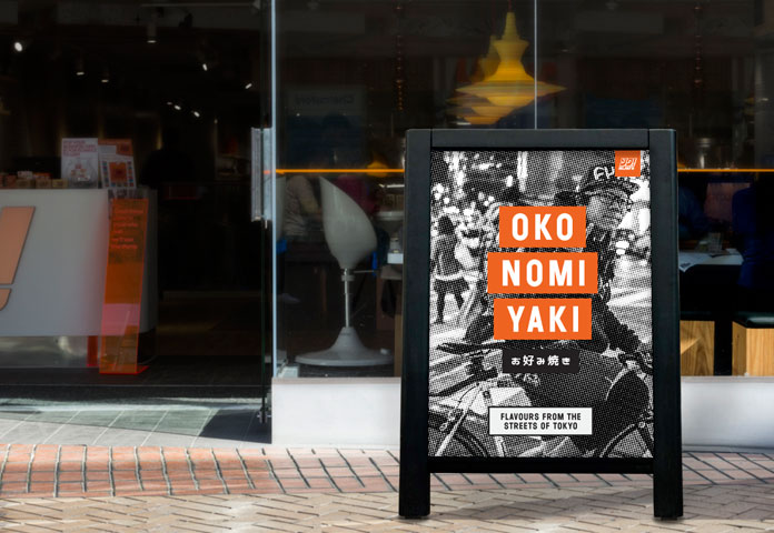 Display stand in front of the restaurant.