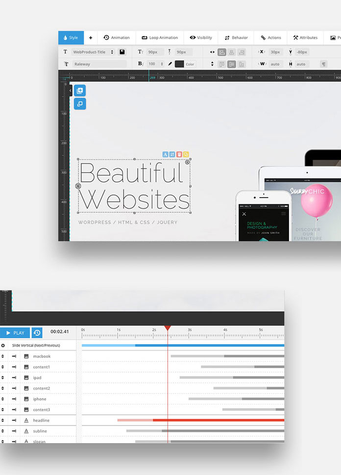 Revolution slider with fully visual editor and timeline layers.
