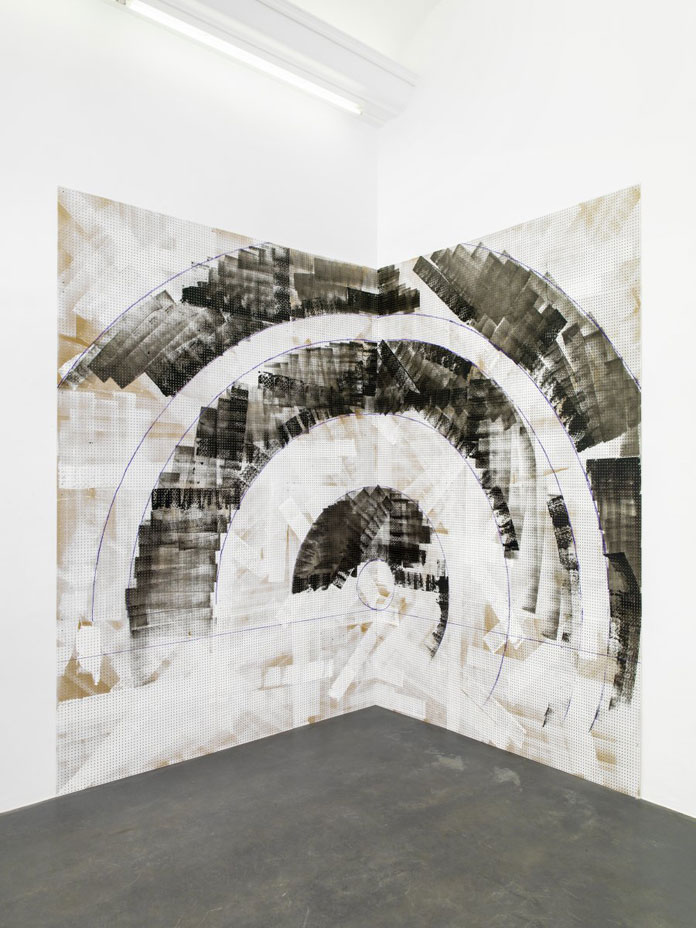 'Sunset-Target', a piece of work from 2015 created by German artist Shila Khatami with enamel, industrypaint on hardboard. View from the exhibition 'Schön sein' at Adamski in Berlin.