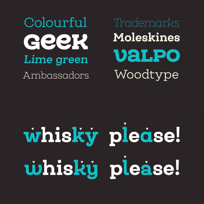 A slab serif type family of 25 fonts plus alternates and unicase letters.