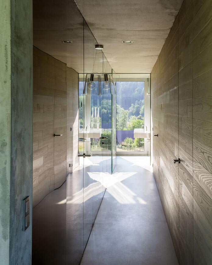 Concrete, wood, and glass.