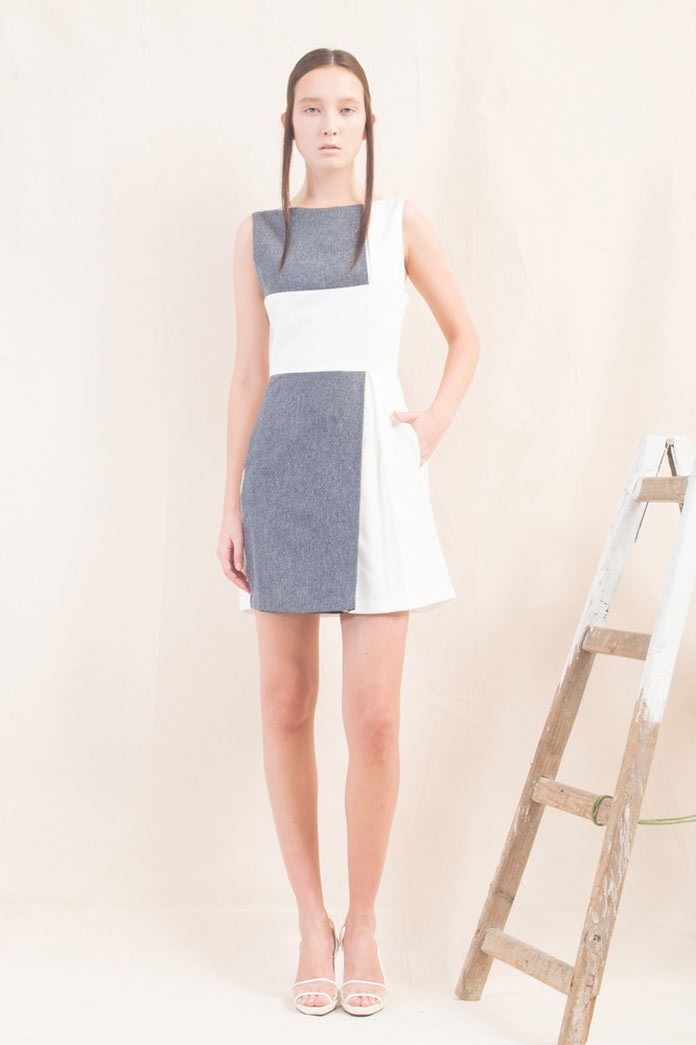 Inverted pleats, color blocking, boat neck, side pockets.