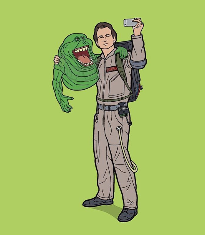 Peter Venkman and Slimer of the Ghostbusters taking a selfie. Peter Venkman and Slimer of the Ghostbusters taking a selfie.