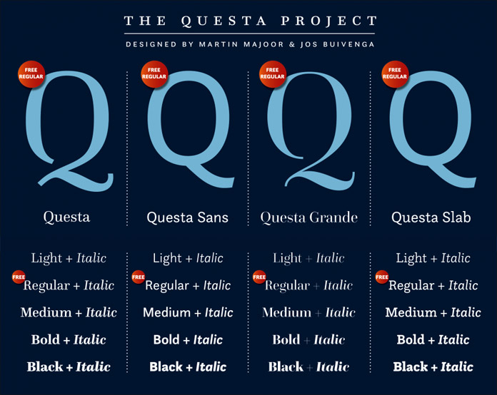Questa Complete, a sans serif, serif, and slab serif font collection. Questa Complete, a sans serif, serif, and slab serif font collection.